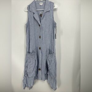 For Cynthia Linen-Blend Oversized Small Blue Striped Lagenlook Dress New